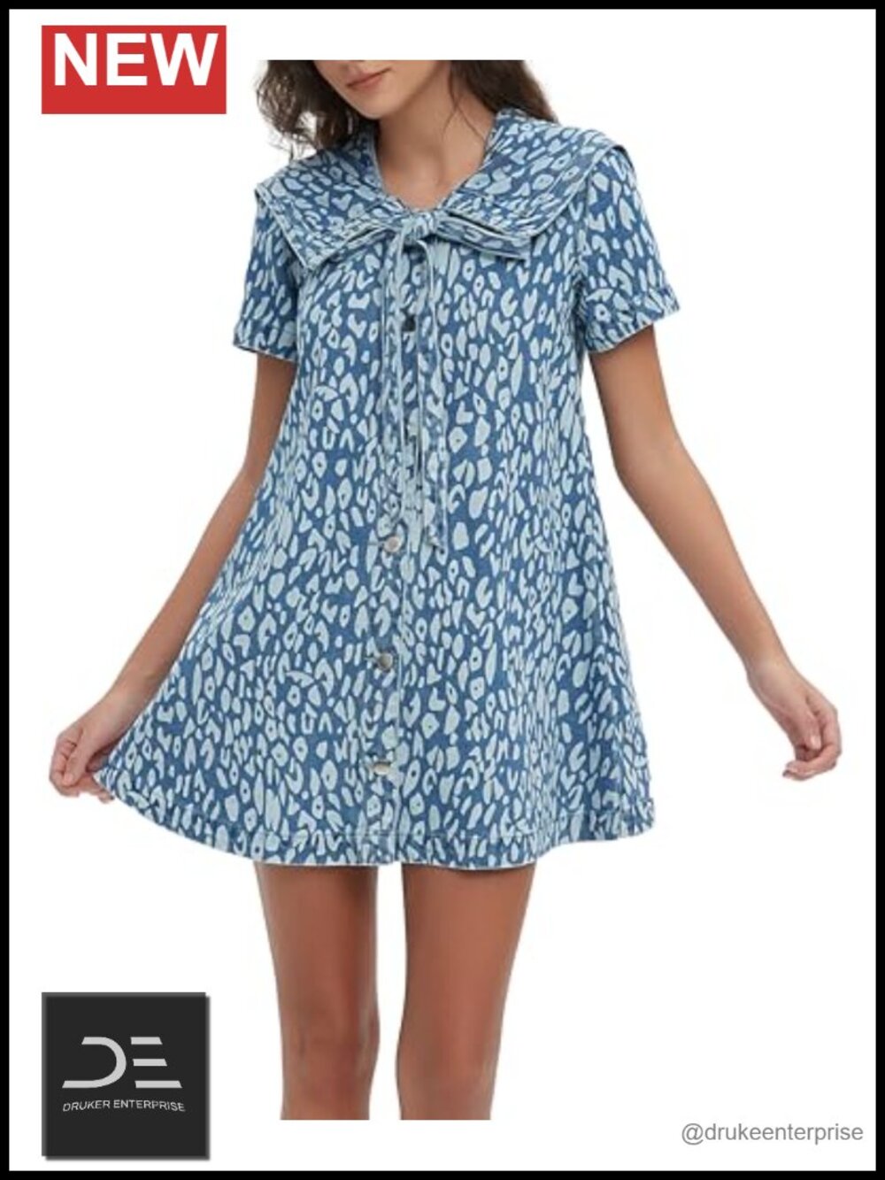 Women's Leopard Mini Denim Dress Short Sleeve A-Line Babydoll